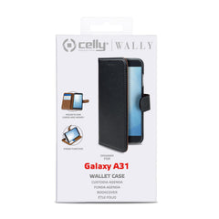 WALLY - Custodia a libro in pelle sintetica con chiusura flap magnetico, slot per carte e funzione stand colore nero compatibile con Samsung Galaxy A31