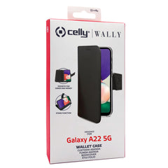 WALLY - Custodia a libro in pelle sintetica con chiusura flap magnetico, slot per carte e funzione stand colore nero compatibile con Samsung Galaxy A22 5G