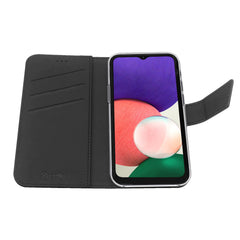 WALLY - Custodia a libro in pelle sintetica con chiusura flap magnetico, slot per carte e funzione stand colore nero compatibile con Samsung Galaxy A22 5G