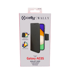 WALLY - Custodia a libro in pelle sintetica con chiusura flap magnetico, slot per carte e funzione stand colore nero compatibile con Samsung Galaxy A03s