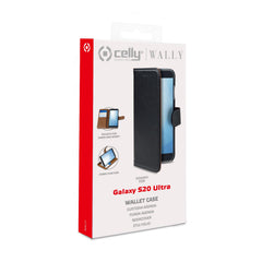 WALLY - Custodia a libro in pelle sintetica con chiusura flap magnetico, slot per carte e funzione stand colore nero compatibile con Samsung Galaxy S20 Ultra