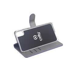 WALLY - Custodia a libro in pelle sintetica con chiusura flap magnetico, slot per carte e funzione stand colore blu compatibile con Apple iPhone Xr