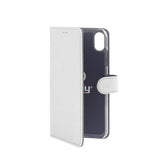 WALLY - Custodia a libro in pelle sintetica con chiusura flap magnetico, slot per carte e funzione stand colore bianco compatibile con Apple iPhone Xs Max