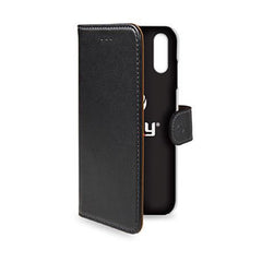 WALLY - Custodia a libro in pelle sintetica con chiusura flap magnetico, slot per carte e funzione stand colore nero compatibile con Apple iPhone Xs Max