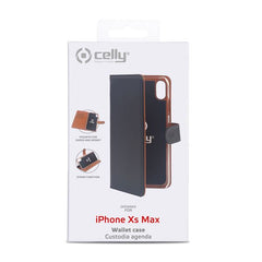 WALLY - Custodia a libro in pelle sintetica con chiusura flap magnetico, slot per carte e funzione stand colore nero compatibile con Apple iPhone Xs Max