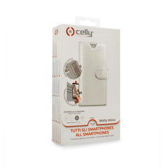 WALLYUNI - Custodia universale a libro colore bianco con sistema fissaggio adesivo compatibile con gli smartphone da 4.5" a 5" dimensione display