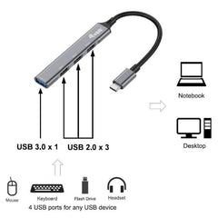 EQUIP - HUB 4-PORTE USB-C (1x USB 3.2 Gen 1 + 3x USB 2.0), Alluminio