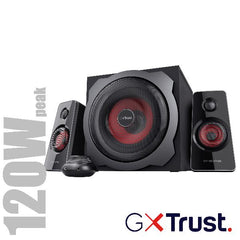 SET GAMING ALTOPARLANTI SPEAKERS 2.1 120W PICCO (60W RMS) - CON TELECOMANDO CON INGRESSO AUX + PRESA PER CUFFIE E SUB WOOFER LEGNO - TRUST GXT38 TYTAN 2.1 - NERO/ROSSO
