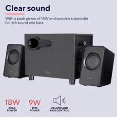 SET ALTOPARLANTI SPEAKERS 2.1 18W PICCO (9W RMS) CON SUB WOOFER LEGNO - TRUST AVORA - NERO