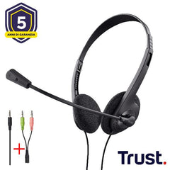 CUFFIE ON-EAR CABLATE 1,8M JACK 3,5 SUPERLEGGERE - TRUST PRIMO - NERO