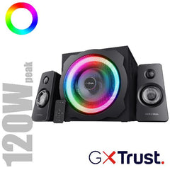 SET GAMING ALTOPARLANTI SPEAKERS 2.1 120W PICCO (60W RMS) ILLUMINATI LED RGB - CON TELECOMANDO WIRELESS E SUB WOOFER LEGNO - TRUST GXT629 TYTAN - NERO