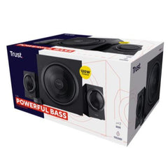 SET ALTOPARLANTI SPEAKERS 2.1 120W PICCO (60W RMS) - CON TELECOMANDO CON INGRESSO AUX + PRESA PER CUFFIE E SUB WOOFER LEGNO - TRUST YURI 2.1 - NERO