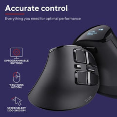MOUSE ERGONOMICO VERTICALE WIRELESS RICARICABILE MULTICONNECT BT + WL 2,4GHZ CON DISPLAY - 9 PULSANTI PROGRAMMABILI - 2400DPI - TRUST VOXX - NERO