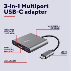 ADATTATORE DOCKING STATION MULTIPORT, 1 HDMI 4K, 1 USB-C PD, 1 USB-A 3.2 - TRUST DALYX 3-IN-1 - ALLUMINIO