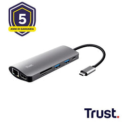 ADATTATORE DOCKING STATION MULTIPORT 7 IN 1, 1 HDMI 4K, 1 LAN, 2 USB-A 3.X, 1 MICRO SD READER, 1 SD READER, 1 USB-C PD - TRUST DALYX 7-IN-1 - ALLUMINIO