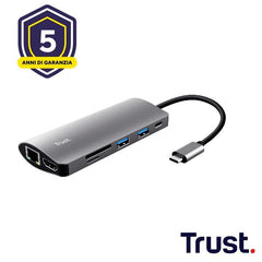 ADATTATORE DOCKING STATION MULTIPORT 7 IN 1, 1 HDMI 4K, 1 LAN, 2 USB-A 3.X, 1 MICRO SD READER, 1 SD READER, 1 USB-C PD - TRUST DALYX 7-IN-1 - ALLUMINIO