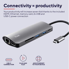 ADATTATORE DOCKING STATION MULTIPORT 7 IN 1, 1 HDMI 4K, 1 LAN, 2 USB-A 3.X, 1 MICRO SD READER, 1 SD READER, 1 USB-C PD - TRUST DALYX 7-IN-1 - ALLUMINIO