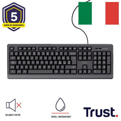 TASTIERA CABLATA 180CM RESISTENTE AGLI SVERSAMENTI - TASTI SILENZIOSI - LAYOUT ITALIANO - TRUST PRIMO - NERO
