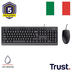 KIT DESK SET TASTIERA E MOUSE CABLATI RESISTENTI AGLI SVERSAMENTI- LAYOUT ITALIANO - TRUST PRIMO - NERO