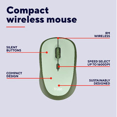 MOUSE WIRELESS SILENZIOSO - 1600DPI - PLASTICA RICICLATA 83% - DURATA BATTERIA 12 MESI - TRUST YVI+ VERDE