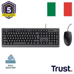 KIT DESK SET TASTIERA E MOUSE CABLATI RESISTENTI AGLI SVERSAMENTI - LAYOUT ITALIANO - TRUST BASIC - NERO