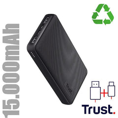 POWER BANK 15.000MAH - 2 USB-A 12W + 1 MICRO-USB + 1USB-C 15W - PLASTICA RICICLATA 50% - TRUST PRIMO POWERBANK - NERO