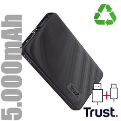 POWER BANK 5.000MAH - 1 USB-A 12W + 1 MICRO-USB + 1USB-C 15W - PLASTICA RICICLATA 50% - TRUST PRIMO POWERBANK - NERO