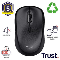 MOUSE WIRELESS SILENZIOSO - 1600DPI - PLASTICA RICICLATA 83% - DURATA BATTERIA 12 MESI - TRUST B2B TM-201 - NERO