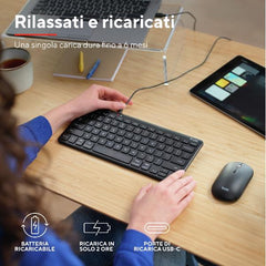 TASTIERA WIRELESS RICARICABILE MULTICONNECT 2 BT + 1 WL 2,4GHZ - PLASTICA RICICLATA 85% - LAYOUT ITALIANO - TRUST LYRA NERO