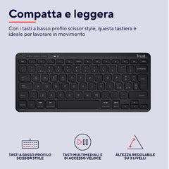 TASTIERA WIRELESS RICARICABILE MULTICONNECT 2 BT + 1 WL 2,4GHZ - PLASTICA RICICLATA 85% - LAYOUT ITALIANO - TRUST LYRA NERO