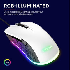 MOUSE GAMING RGB CABLATO 7.200 DPI, 6 PULSANTI PROGRAMMABILI - PLASTICA RICICLATA 68% - TRUST GXT 922 YBAR BIANCO