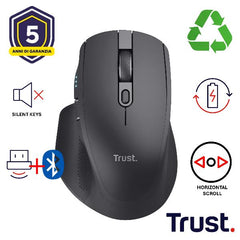 MOUSE WIRELESS RICARICABILE MULTICONNECT BT + WL 2,4GHZ SILENZIOSO - SCROLL ORIZZONTALE - 3200DPI - PLASTICA RICICLATA 60% - TRUST OZAA+ NERO