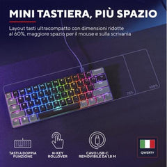 TASTIERA GAMING MECCANICA (COMPATTA 60%) CABLATA RGB - LAYOUT ITALIANO - TRUST GXT867 ACIRA - NERO