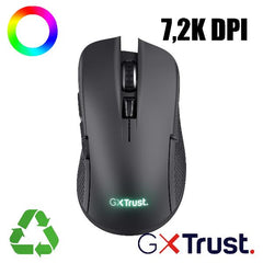 MOUSE GAMING RGB WIRELESS RICARICABILE 7.200DPI - PLASTICA RICICLATA 69% - AUTONOMIA 50h - 6 PULSANTI PROGRAMMABILI - TRUST GXT923 YBAR NERO
