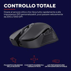 MOUSE GAMING RGB WIRELESS RICARICABILE 7.200DPI - PLASTICA RICICLATA 69% - AUTONOMIA 50h - 6 PULSANTI PROGRAMMABILI - TRUST GXT923 YBAR NERO