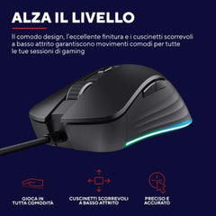MOUSE GAMING RGB CABLATO 25.600 DPI ACELLERAZIONE 50G POLLING 1.000HZ - 6 PULSANTI PROGRAMMABILI - PLASTICA RICICLATA 60% - TRUST GXT924 YBAR+ NERO