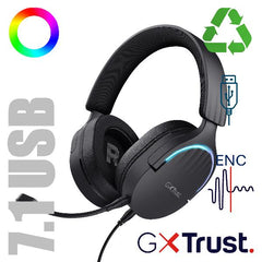 CUFFIE GAMING RGB CABLATE USB 7.1, MICROFONO STACCABILE CON RIDUZIONE DEL RUMORE, DRIVER 50MM - PLASTICA RICICLATA 85% - TRUST GXT490 FAYZO NERO