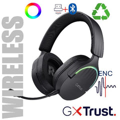 CUFFIE GAMING RGB WIRELESS RICARICABILI DOPPIA CONNESSIONE 2,4GH + BT, MICROFONO STACCABILE CON RIDUZIONE DEL RUMORE, DRIVER 50MM - PLASTICA RICICLATA 85% - TRUST GXT491 FAYZO NERO