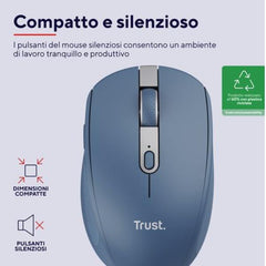 MOUSE WIRELESS RICARICABILE MULTICONNECT BT + WL 2,4GHZ SILENZIOSO - 3200DPI - PLASTICA RICICLATA 60% - TRUST OZAA COMPACT - BLU