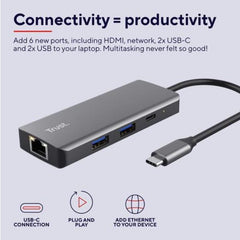 ADATTATORE DOCKING STATION MULTIPORT 6 IN 1, 1 HDMI 4K(60HZ), 1 LAN, 1 USB-C PD, 1 USB-C, 2 USB-A 3.0 - TRUST DALYX 6-IN-1 - ALLUMINIO