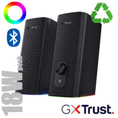 SET GAMING ALTOPARLANTI SPEAKERS 2.0 18W PICCO (9W RMS) MULTICONNECT JACK 3,5MM + BLUETOOTH ILLUMINATI LED RGB  CON INGRESSO CUFFIA - PLASTICA RICICLATA 76% - TRUST GXT612 CETIC -