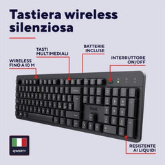 TASTIERA WIRELESS SILENZIOSA RESISTENTE AGLI SVERSAMENTI - LAYOUT ITALIANO - TRUST ODY II - NERO
