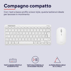 KIT DESK SET TASTIERA E MOUSE WIRELESS RICARICABILI MULTICONNECT 2 BT + 1 WL 2,4GHZ - PLASTICA RICICLATA 51% - LAYOUT ITALIANO - TRUST LYRA  BIANCO