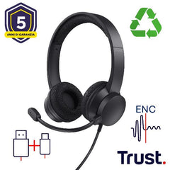 CUFFIE ON-EAR CABLATE 1,8M USB CON MICROFONO FLIP TO MUTE E RIDUZIONE RUMORE ENC - 65% PLASTICA RICICLATA - TRUST AYDA USB ENC- NERO