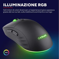 MOUSE GAMING RGB WIRELESS RICARICABILE 25.600DPI, ACELLERAZIONE 50G, AUTONOMIA 94H, POLLING 1000HZ, 80MLN CLIC - PLASTICA RICICLATA 55% - TRUST GXT927 REDEX+ NERO