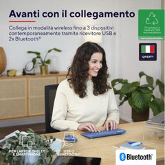 TASTIERA WIRELESS RICARICABILE MULTICONNECT 2 BT + 1 WL 2,4GHZ - PLASTICA RICICLATA 52% - LAYOUT ITALIANO - TRUST LYRA - BLU