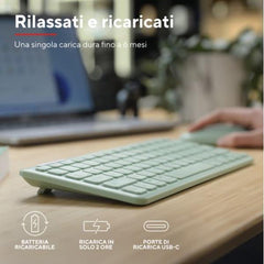 TASTIERA WIRELESS RICARICABILE MULTICONNECT 2 BT + 1 WL 2,4GHZ - PLASTICA RICICLATA 52% - LAYOUT ITALIANO - TRUST LYRA - VERDE