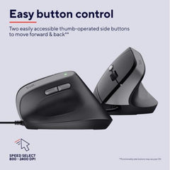 MOUSE ERGONOMICO VERTICALE CABLATO CERTIFICATO ERGOCERT - PLASTICA RICICLATA 60% - TRUST BAYO II NERO