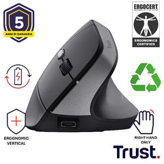 MOUSE ERGONOMICO (CERTIFICATO ERGOCERT) VERTICALE WIRELESS RICARICABILE - 2400DPI - PLASTICA RICICLATA 70% - TRUST BAYO II NERO