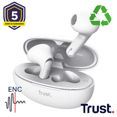 AURICOLARI BLUETOOTH EARPHONES CON RIDUZIONE DEL RUMORE ENC - PLASTICA RICICLATA 35% - TRUST YAVI BIANCO